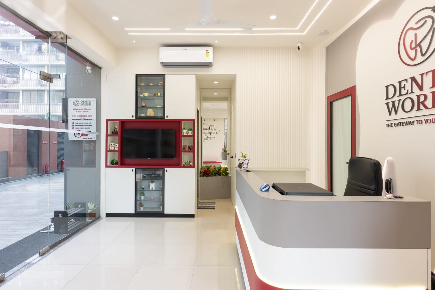 Entrance and reception counter at DentoWorld dental clinic, Ahmedabad