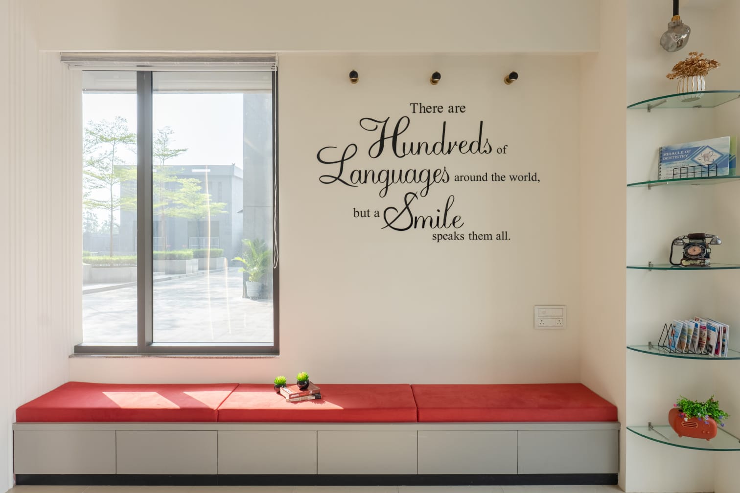 Patient waiting area at DentoWorld, Prahlad Nagar, Ahmedabad