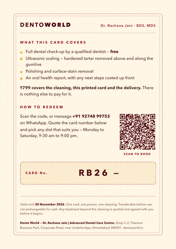 Back of the gift card, showing what the cleaning covers, the card number and a WhatsApp QR code